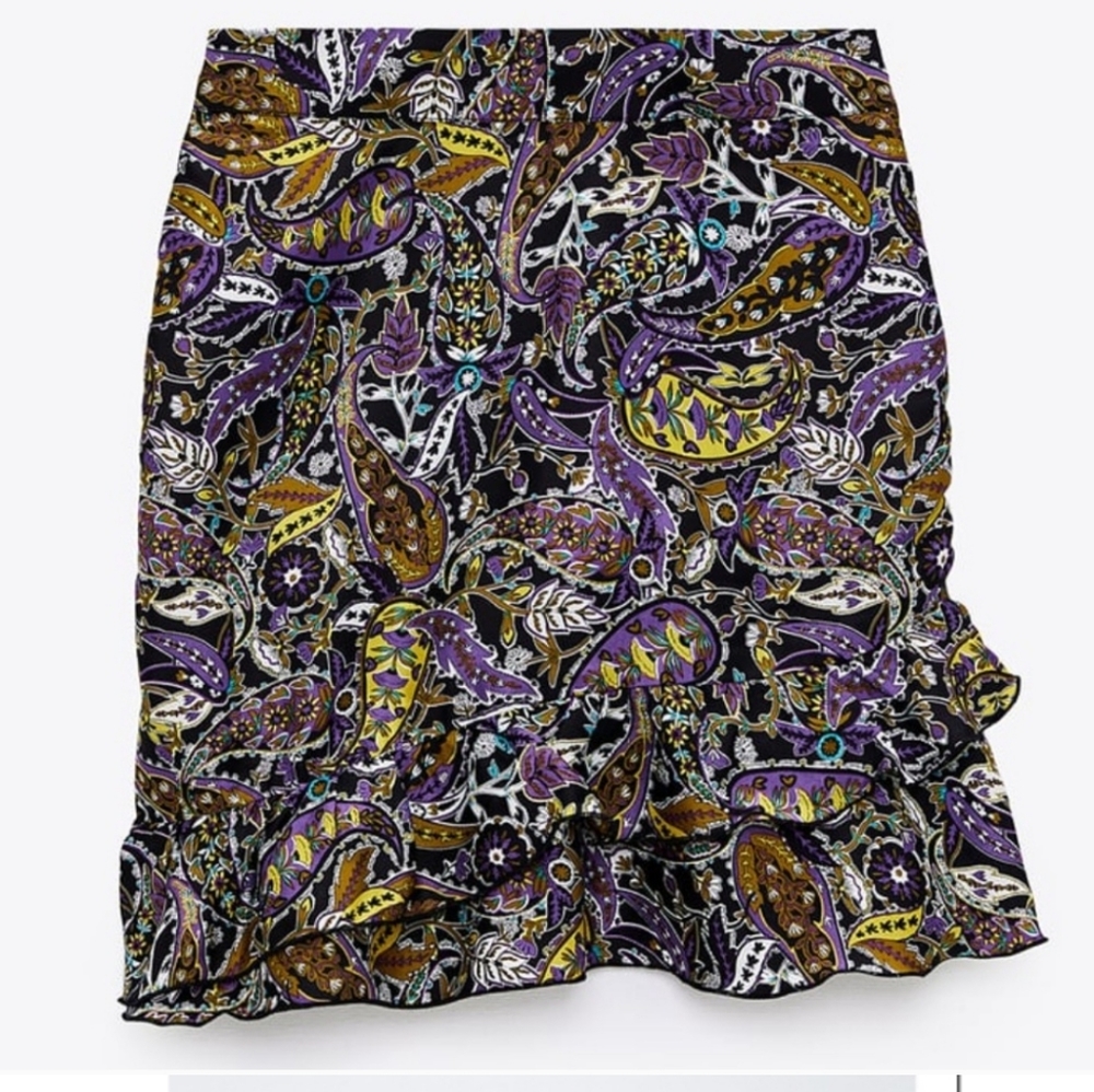 ZARA Purple Paisley Print Ruffle Mini Skirt - Picture 8 of 14